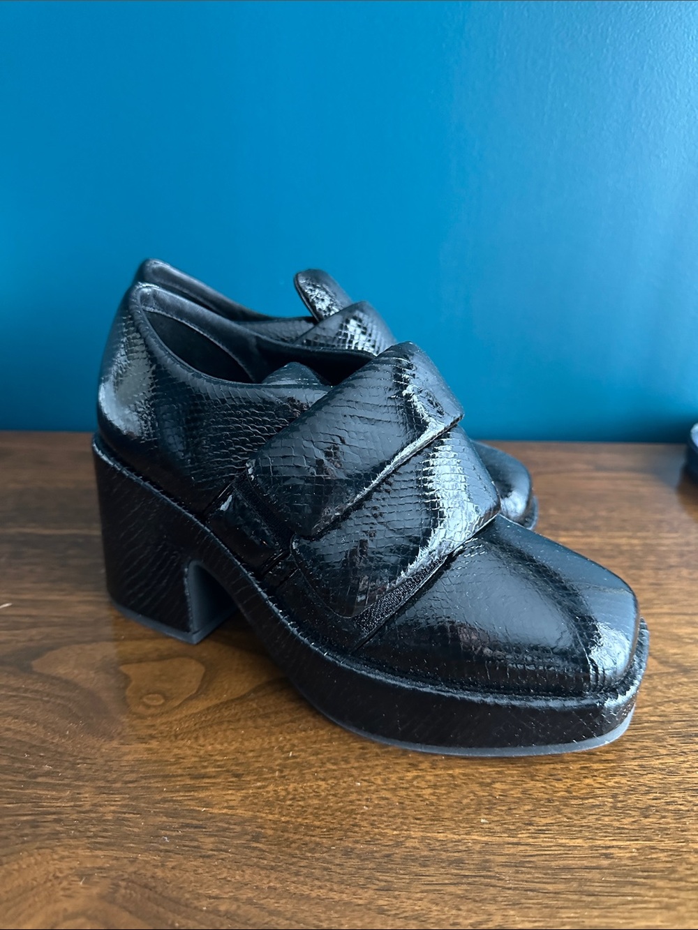 INTENTIONALLY BLANK Black Textured Platform Loafer Heels